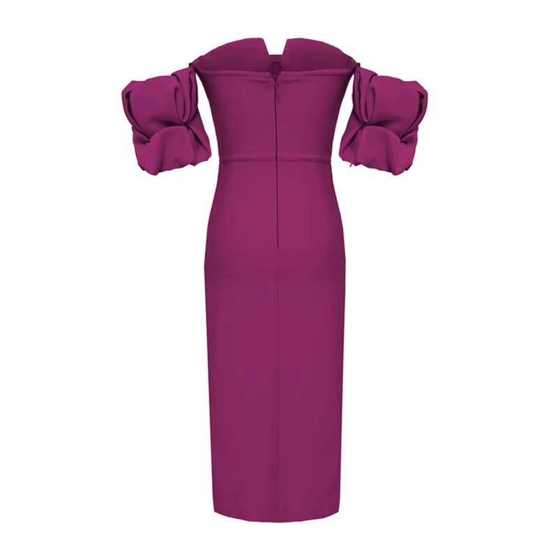 Дамска бандажна миди рокля Purple FW 2026-Дамска бандажна миди рокля Purple Puff Sleeves 24'-Thedresscode