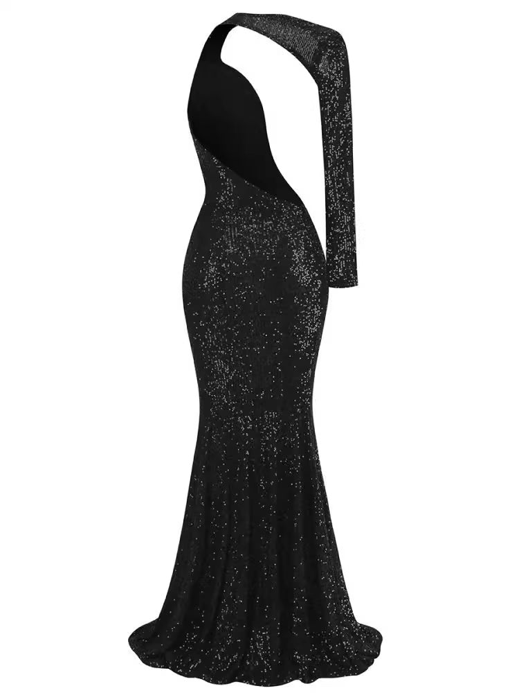 Макси рокля с един ръкав Black Sequins 24'-Макси рокля с един ръкав Black Sequins 24'-Thedresscode