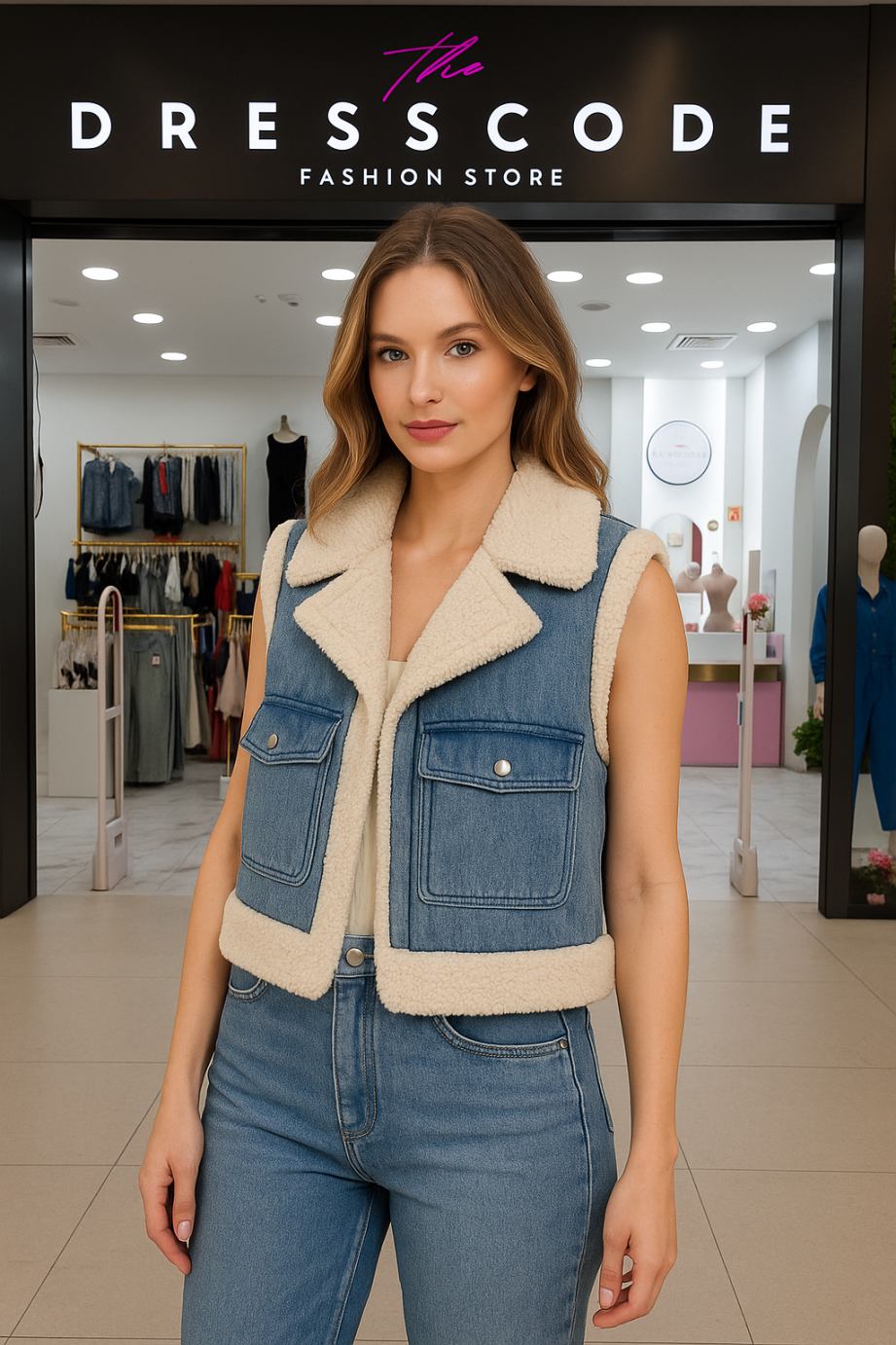 Дамски елек с каракул FW 2026-Дамски дънков елек с каракул 24'-Thedresscode