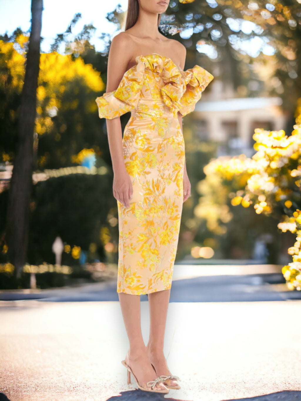 Миди рокля с отворени рамене Yellow & Gold Flowers 24'-Миди рокля с отворени рамене Yellow & Gold Flowers 24'-Thedresscode