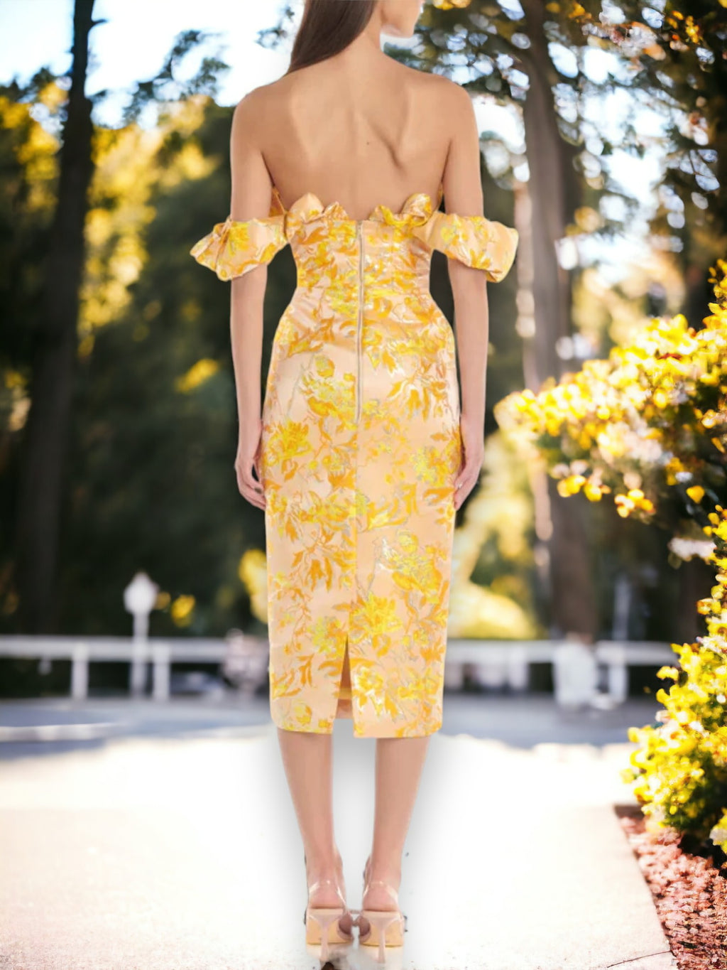 Миди рокля с отворени рамене Yellow & Gold Flowers 24'-Миди рокля с отворени рамене Yellow & Gold Flowers 24'-Thedresscode
