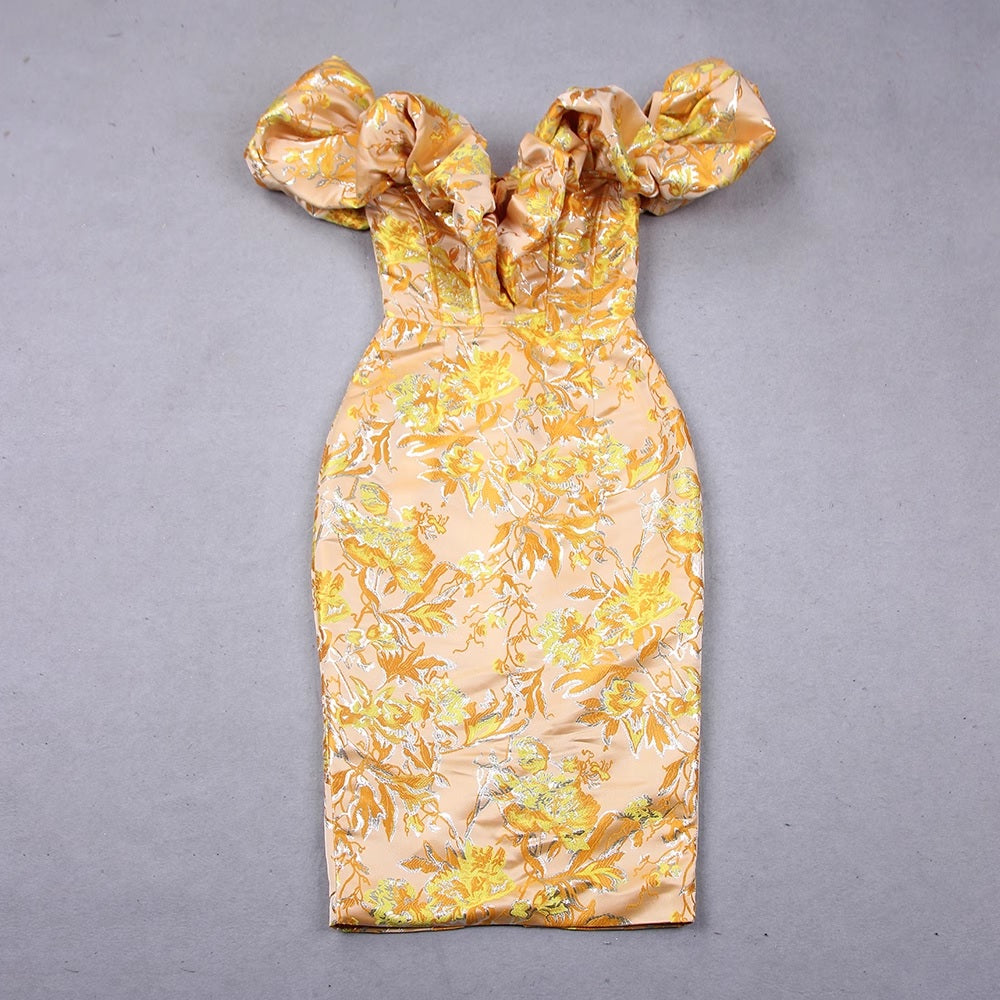 Миди рокля с отворени рамене Yellow & Gold Flowers 24'-Миди рокля с отворени рамене Yellow & Gold Flowers 24'-Thedresscode