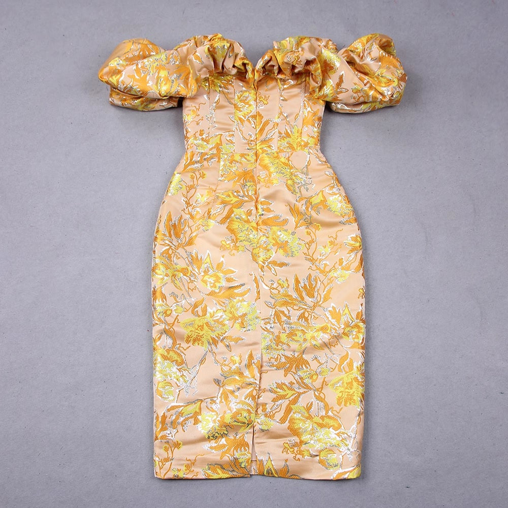 Миди рокля с отворени рамене Yellow & Gold Flowers 24'-Миди рокля с отворени рамене Yellow & Gold Flowers 24'-Thedresscode