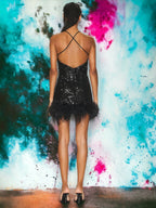 Мини рокля с пайети и пера Black Ivi FW 2026-Мини рокля с пайети и пера Black Ivi 24'-Thedresscode