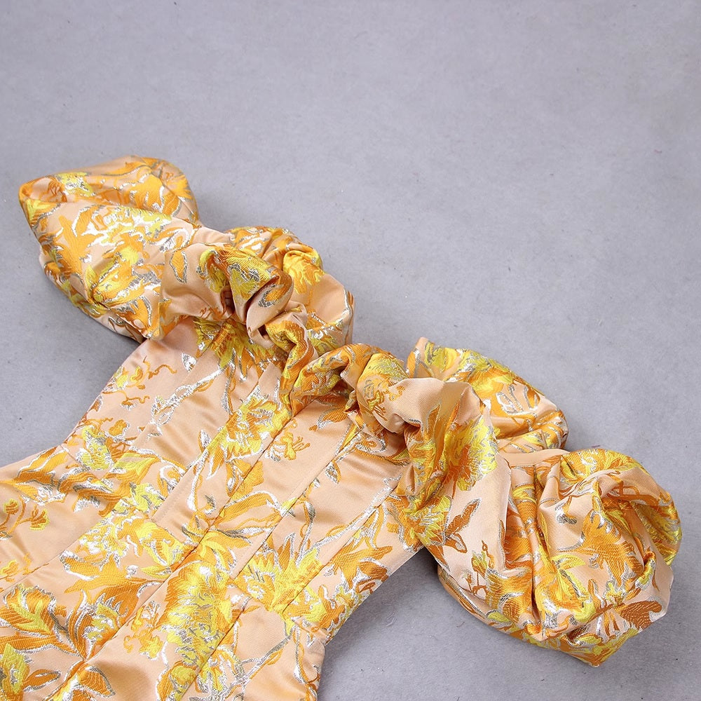 Миди рокля с отворени рамене Yellow & Gold Flowers 24'-Миди рокля с отворени рамене Yellow & Gold Flowers 24'-Thedresscode