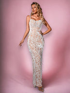 Макси рокля с пера и пайети White Pearls FW 2026-Макси рокля с пера и пайети White Pearls 24'-Thedresscode