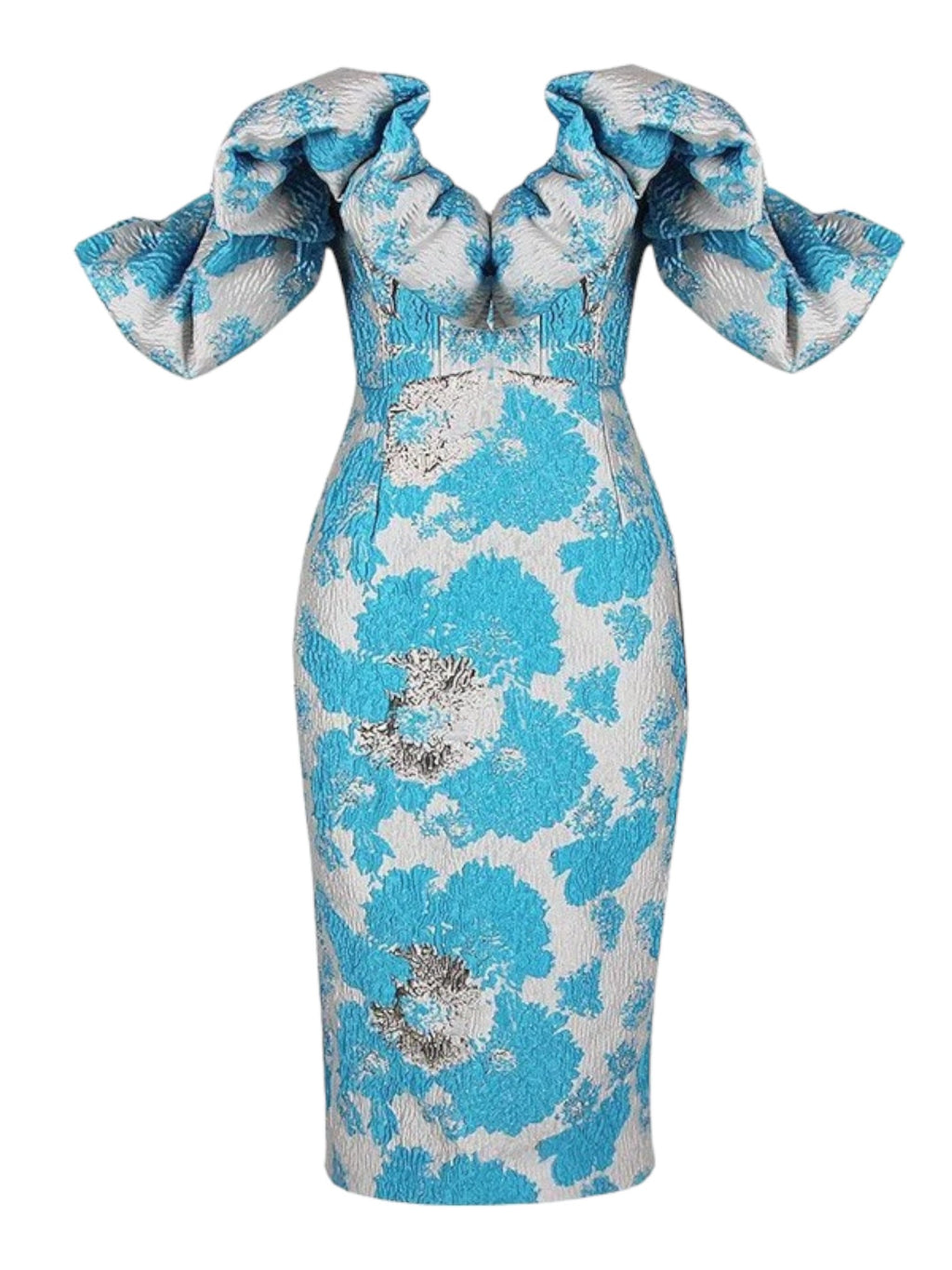 Миди рокля с отворени рамене Blue & Gold Flowers 24'-Миди рокля с отворени рамене Blue & Gold Flowers 24'-Thedresscode