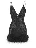 Мини рокля с пайети и пера Black Ivi FW 2026-Мини рокля с пайети и пера Black Ivi 24'-Thedresscode