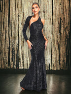Макси рокля с един ръкав Black Sequins FW 2026-Макси рокля с един ръкав Black Sequins 24'-Thedresscode