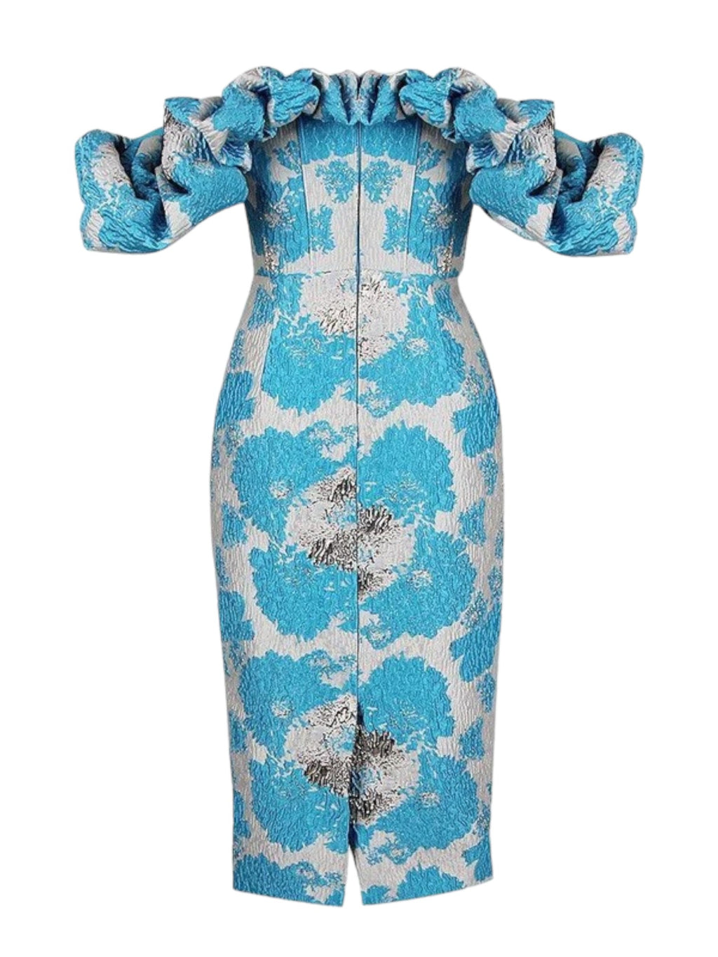 Миди рокля с отворени рамене Blue & Gold Flowers 24'-Миди рокля с отворени рамене Blue & Gold Flowers 24'-Thedresscode