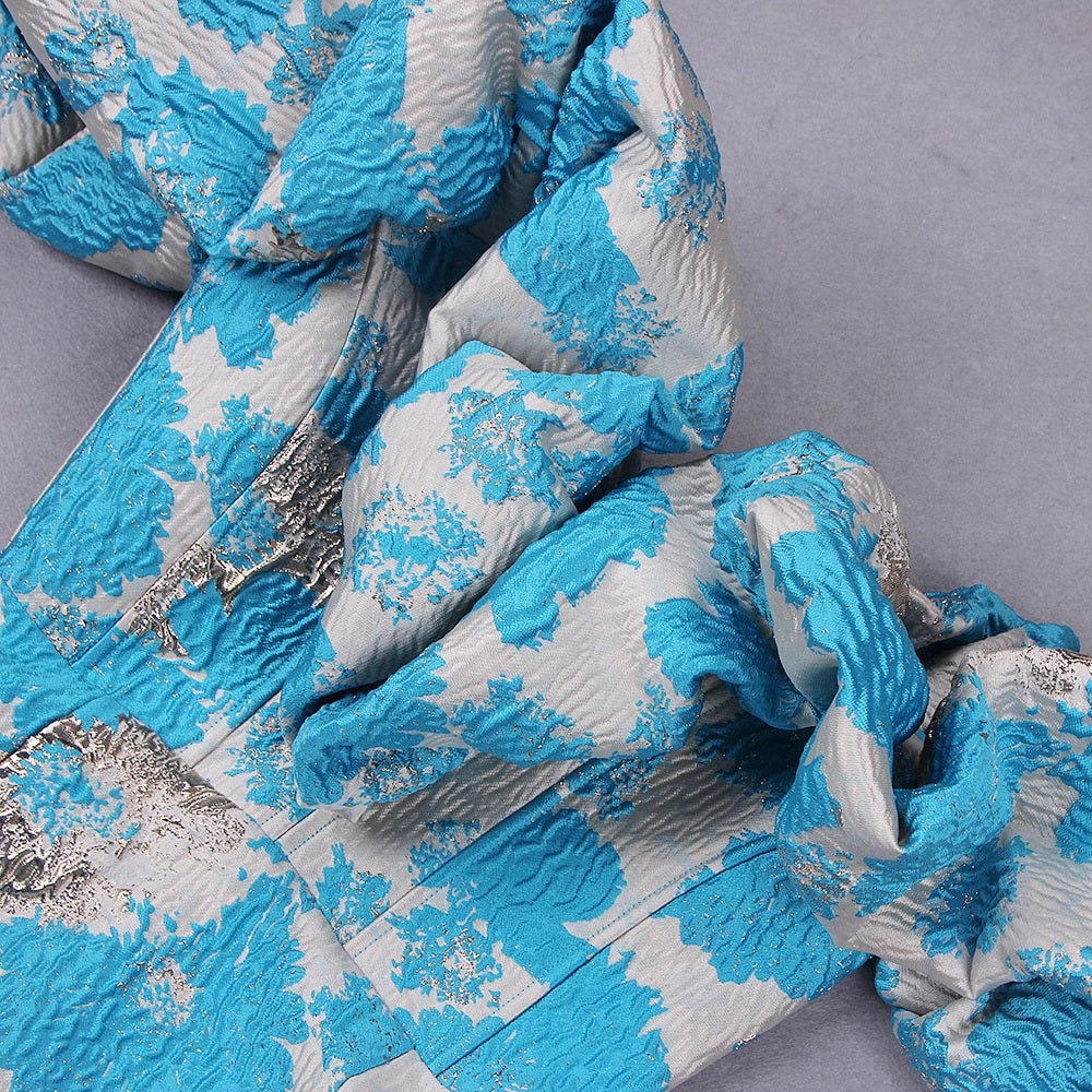 Миди рокля с отворени рамене Blue & Gold Flowers 24'-Миди рокля с отворени рамене Blue & Gold Flowers 24'-Thedresscode