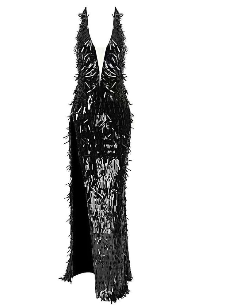 Макси рокля V-neck Sequin Fringe 24'-Макси рокля V-neck Sequin Fringe 24'-Thedresscode