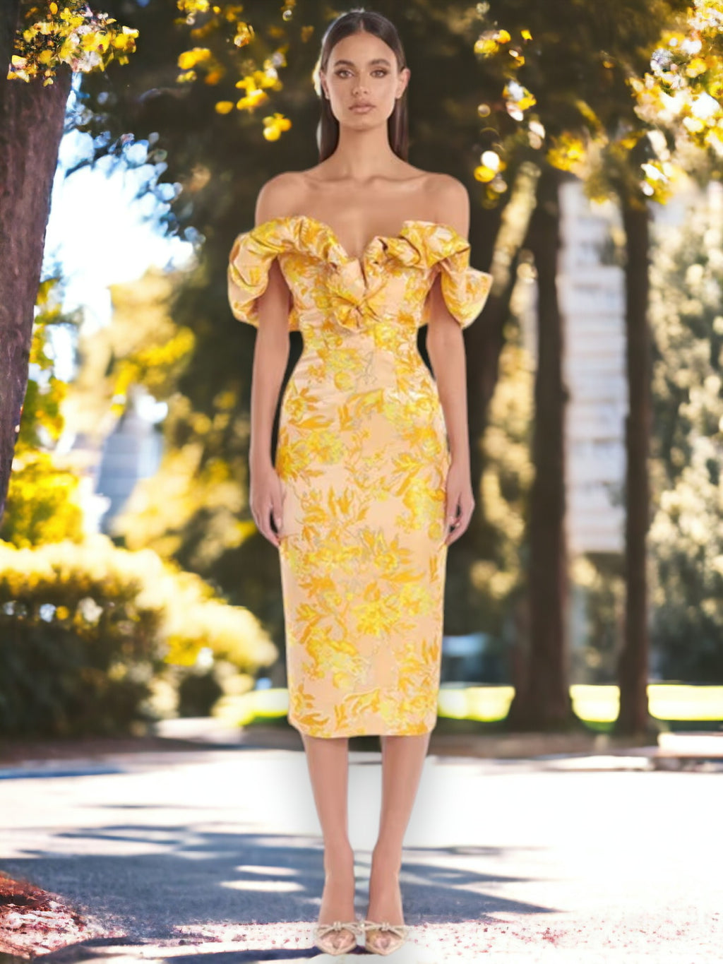 Миди рокля с отворени рамене Yellow & Gold Flowers 24'-Миди рокля с отворени рамене Yellow & Gold Flowers 24'-Thedresscode