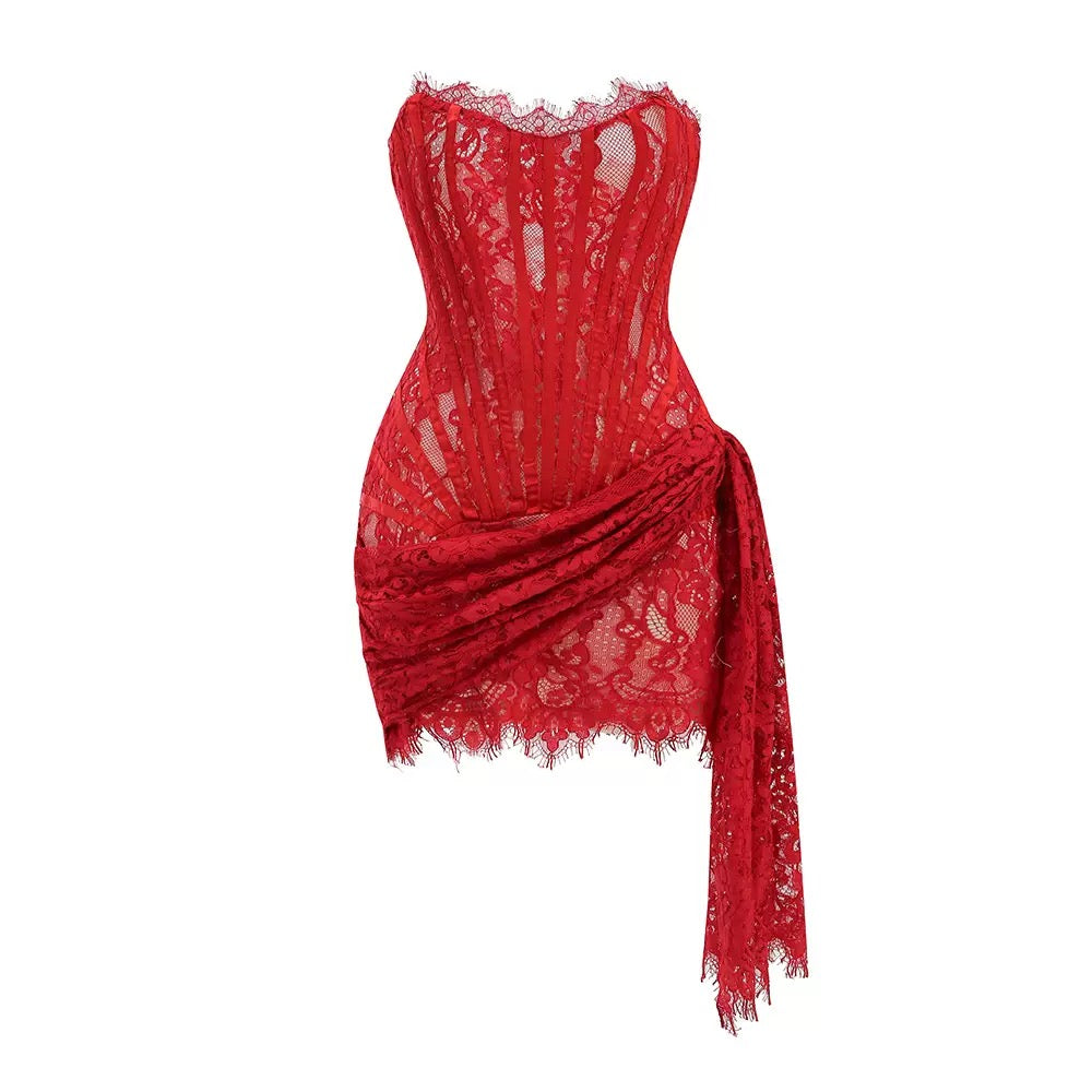 Дамска рокля Red Rosel FW 2026-Асиметрична дантелена мини рокля Red Rosel 24'-Thedresscode