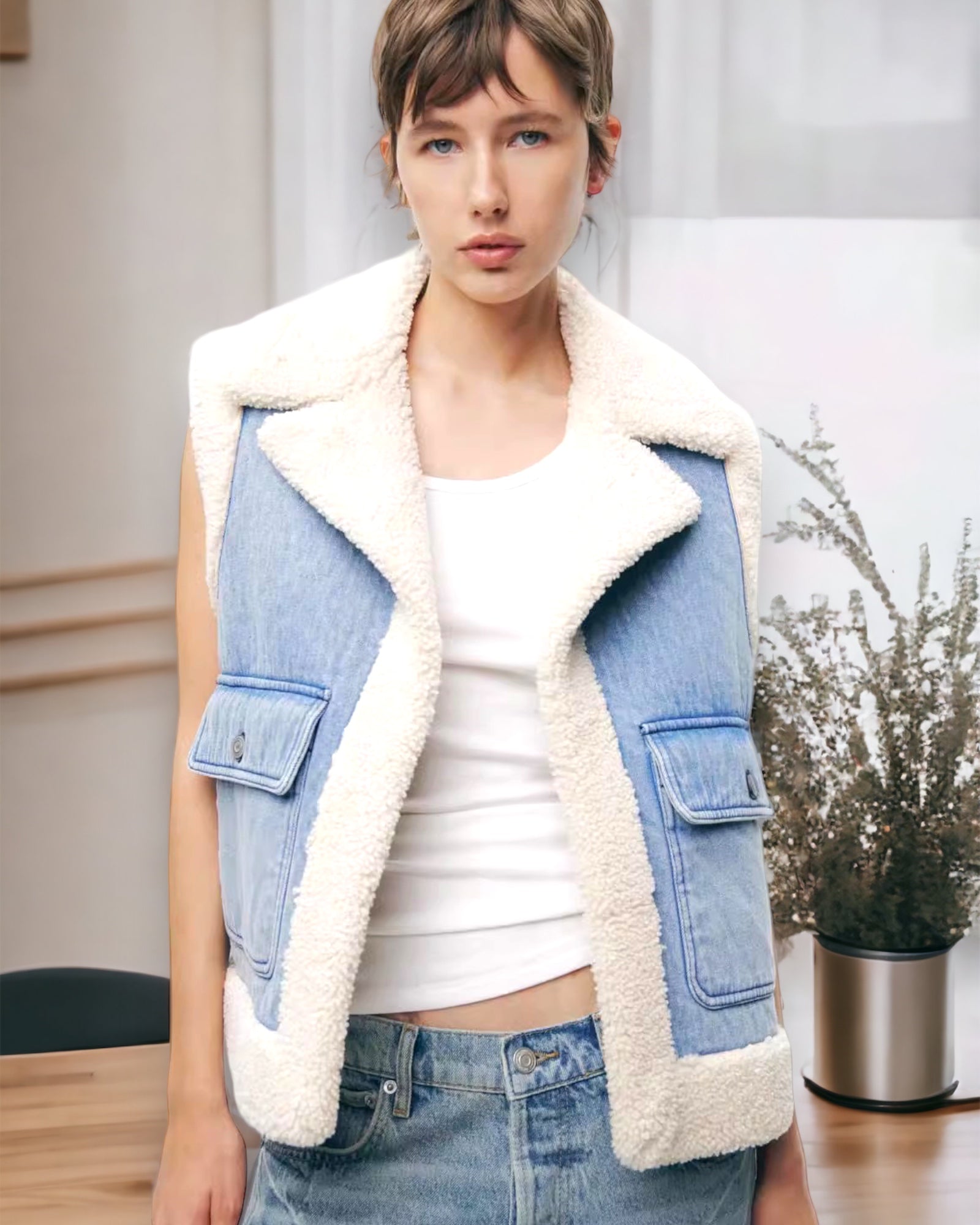 Дамски елек с каракул FW 2026-Дамски дънков елек с каракул 24'-Thedresscode
